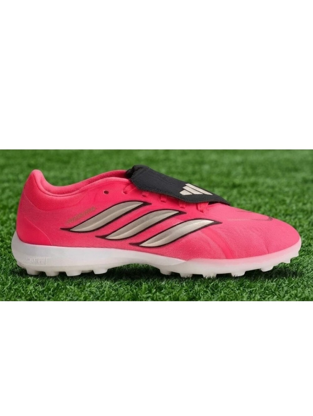 adidas Kids Neon Pink Turf Soccer Sneakers with Silver Stripes
